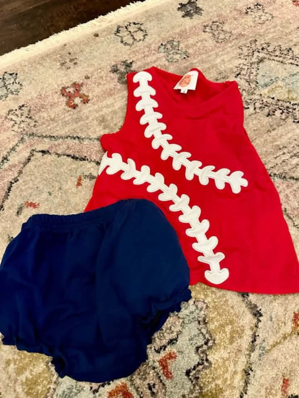 Kids Red Baseball Appliqué Dress with Navy Bloomers